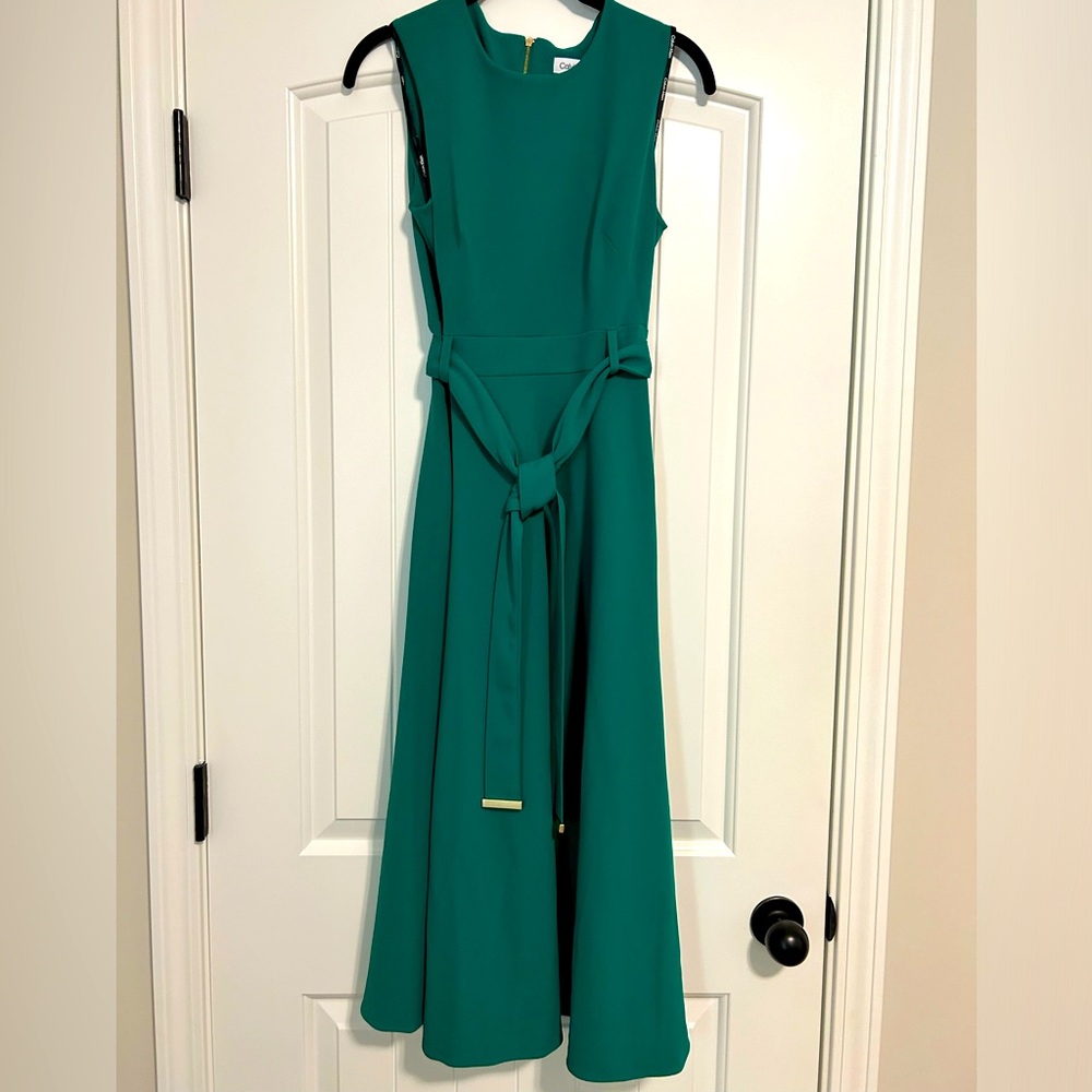 NWT Calvin Klein Belted Dress - Meadow (green) with gold detailing, Size 2